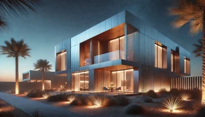 Luxury modern house exterior at night metallic facade real estate SEO audit